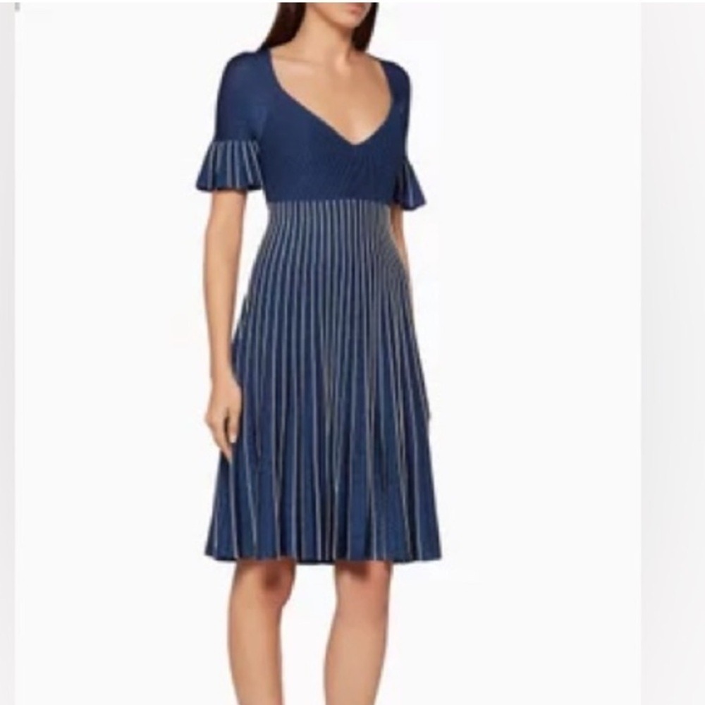 Jonathan Simkhai Navy Blue Metallic Knit Pleated Fit & Flare Dress Size M